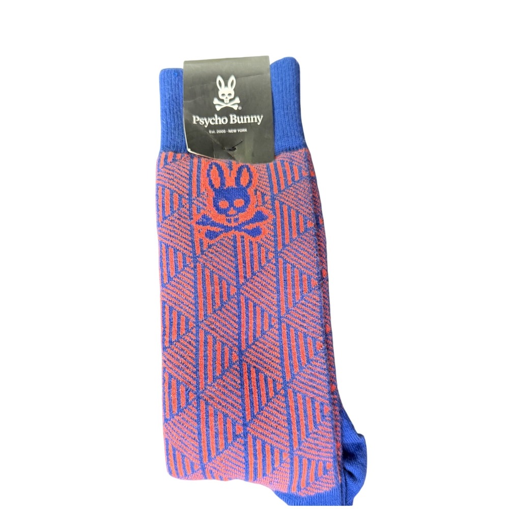 Psycho Bunny Mens Crew Socks Blue Tangelo Orange Geometric Pima Cotton